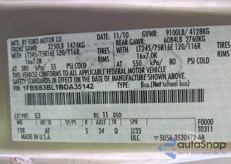 2011 Ford E-350 Super Duty Xl из США, поврежденный, VIN 1FBSS3BL1BDA35142